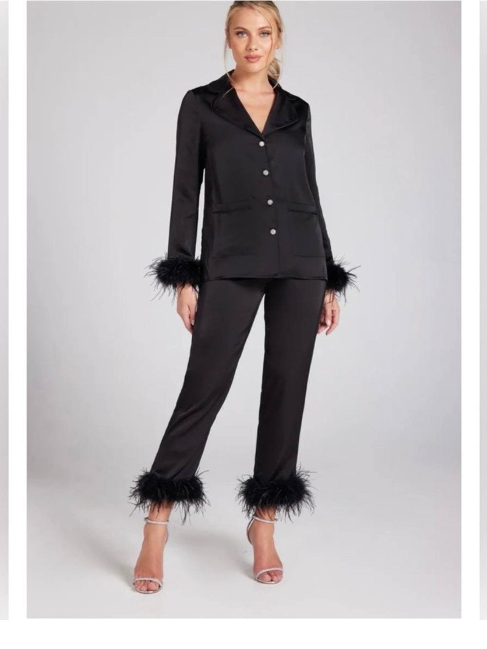 NADINE MERABI Black Satin Feather-Trim Pajama Set